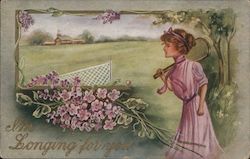 I'm Longing For You - A Woman Holding a Tennis Racket Looking at a Tennis Court Postcard Postcard Postcard