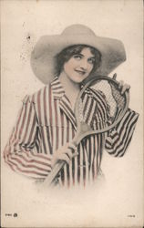 Woman in Stripes and Holding A Tennis Racket Postcard