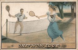 One (Won) Love - A Man and a Woman Playing Tennis Postcard Postcard Postcard