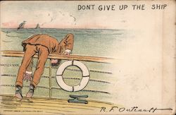 Man leaning overboard: "Don't give up the ship" Postcard