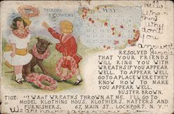 Throw Flowers - Two Children and A Dog with Flower Wreaths Around Their Necks Postcard