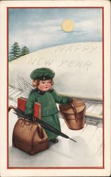 Happy New Year - An Angel with a Suitcase, Umbrella and Book Postcard