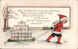 A Girl Pulling a Sled Loaded with Boxes Named for the Months of the Year Postcard