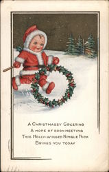 Vintage American Christmas Postcard with Christmas Elf and Holly Hoop Children Postcard Postcard Postcard