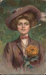 Portrait of woman holding flower: "Love a lassie" Postcard