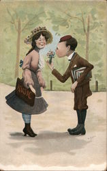Boy giving girl flowers Postcard