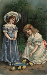 Two Girls Watching Chicks Play in Water With Children Postcard Postcard Postcard