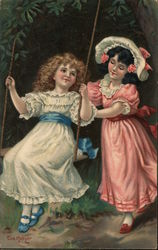 A Young Girl Pushing Another Young Girl on a Swing Postcard
