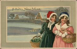 A Happy New Year - Two Girls Carrying Baskets Postcard