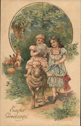 Easter Greetings - Two Girls Riding a Lamb Holding an Egg Postcard