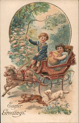 Easter Greetings - Two Children in a Carriage Postcard