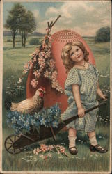 Easter Greetings - A Girl Pulling a Chicken in a Wheel Barrow Postcard