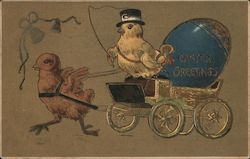 Easter Greetings - A Chick Pulling a Carriage with a Chick and Easter Egg In It Postcard