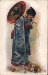A Woman in a Kimono Holding an Umbrella Postcard