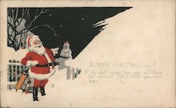 A Merry Christmas - Santa in the Snow with a Snowman Postcard