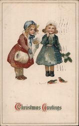 Christmas Greetings - Two Girls in Snow Postcard