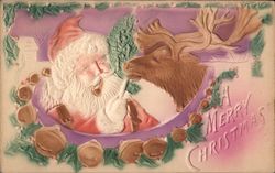 A Merry Christmas - Santa with a Reindeer Santa Claus Postcard Postcard Postcard