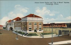 Illinois Central Station and "City of Miami" Express in Champaign, Illinois Postcard
