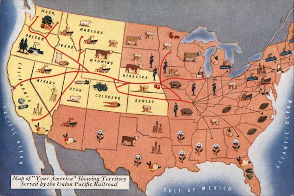 Union Pacific Railroad Map of America Card #12 Trains, Railroad