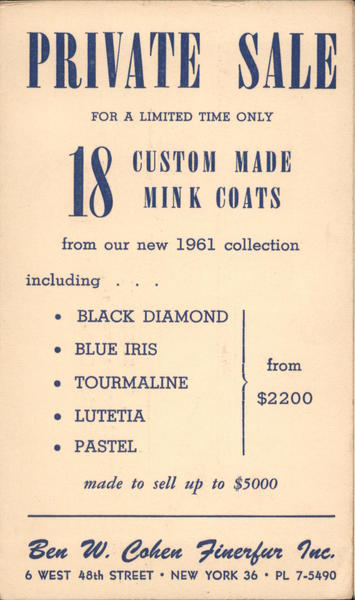 Private Sale, Ben W. Cohen Finerfur Inc. New York City