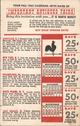 Your Fall 1962 Calendar with Dates of Important Antiques Fair, Westchester Enterprises, Inc. New York City, NY Advertising Postc Postcard