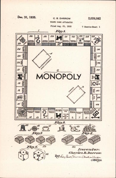 Board Game Apparatus Patent Drawing, C.B. Darrow, No. 2,026,082, US Patent and Trademark Office Alexandria