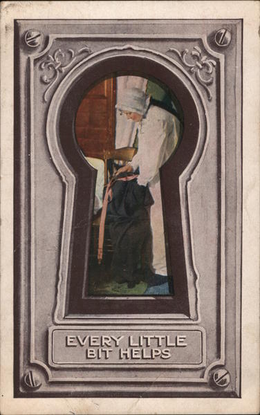 Woman mending clothing, seen through keyhole: Every little bit helps