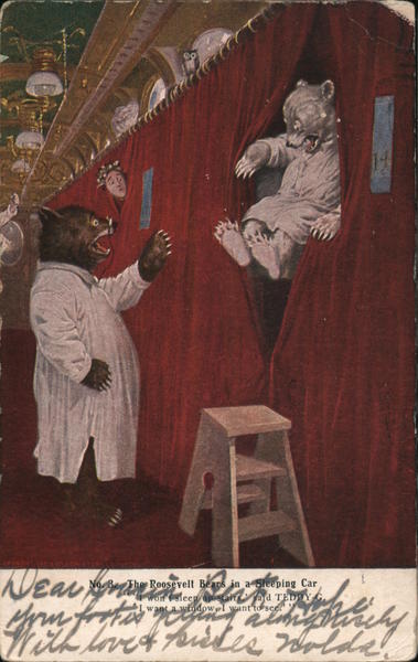 The Roosevelt Bears in a Stepping Car - A bear in front of a curtain another peaking through.