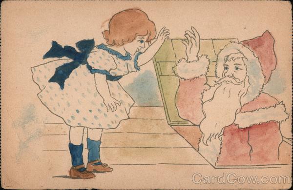 Hand Colored - Santa Claus and little girl, waving at each other