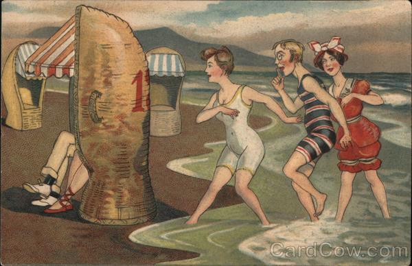 Three Swim-suited Ladies Sneak Up To Couple In Beach Chair