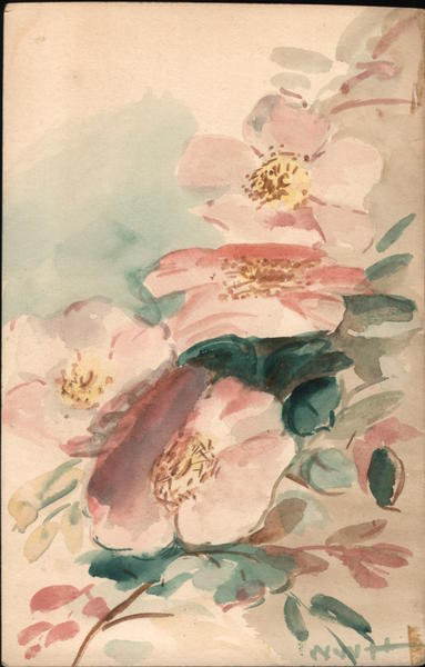 Pink flowers, Signed Hand Drawn