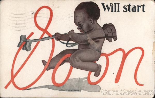 Will start Soon - Angel child riding the word Soon.