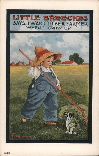 Young Boy in Farmer's Hat and Overalls Rakes Grass Over Dog in Field