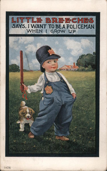 Young Boy Dressed In Overalls with Policeman's Hat, Badge, and Club with Small Dog in Grassy Field
