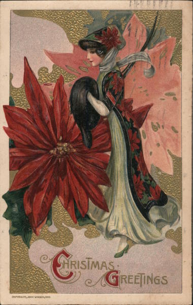 A Lady in a Flowery Dress Surrounded by Flowers Offers Christmas Greetings