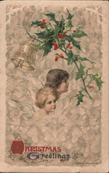Christmas Greetings - Two Little Angels, Holly, and a Silver Bell