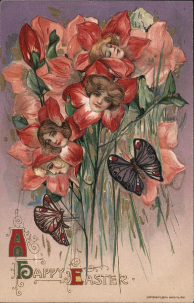 A Happy Easter - bouquet of flowers with women's faces in them, butterflies close by