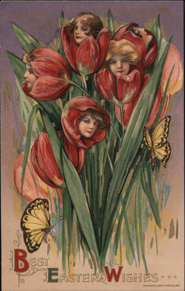 Best Easter Wishes, Young Girls' Faces Grow out of Flowers with Butterflies
