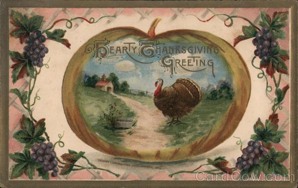 HEARTY THANKSGIVING GREETING - TURKEY SCENE IN A PUMPKIN