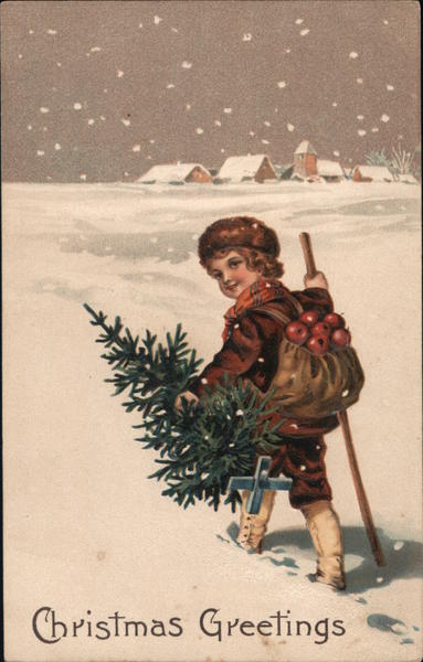 Christmas Greeting, child with backpack of apples carrying a christmas tree in the snow