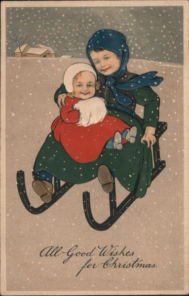 All Good Wishes for Christmas - Children sledding in snow