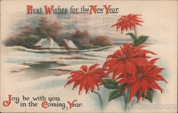 Best Wishes for the New Year - Joy be with you in the Coming Year. Red flowers and faraway houses.