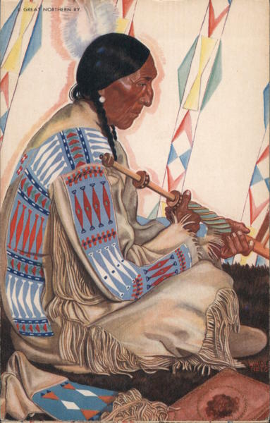 Sideview illustration of Blackfeet Indian Chief, Sundance, seated upon floor in traditional attire