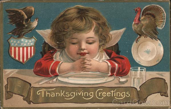 Child Praying at Table: Thanksgiving Greetings Children