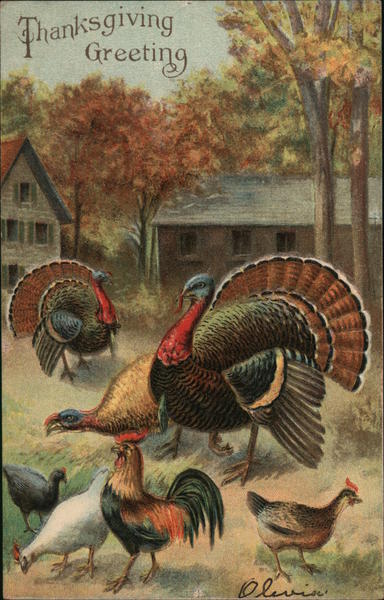 Thanksgiving Greeting - Farm House, Autumn Leaves and Turkeys