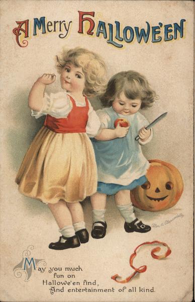 A Merry Halloween - Two Girls and Jack-o'-lantern Ellen Clapsaddle