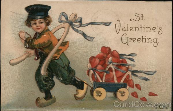 St. Valentine's Greeting, Little Boy Pulls Wagon Full of Hearts