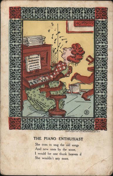 Woman Plays Piano and Sings While Man Runs Away in Background