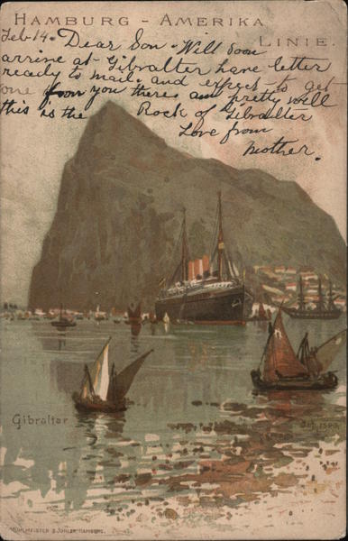 Hamburg-Amerika - Boats on water in front of a rock.