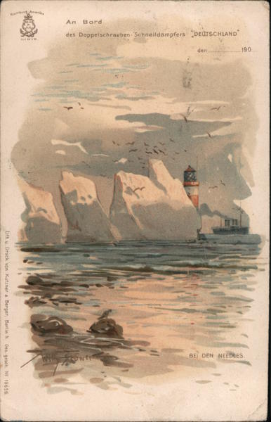 An Bord des Doppelshrauben Schnelldampfers Deutschland, View of Ice Berg, Lighthouse, and Ship